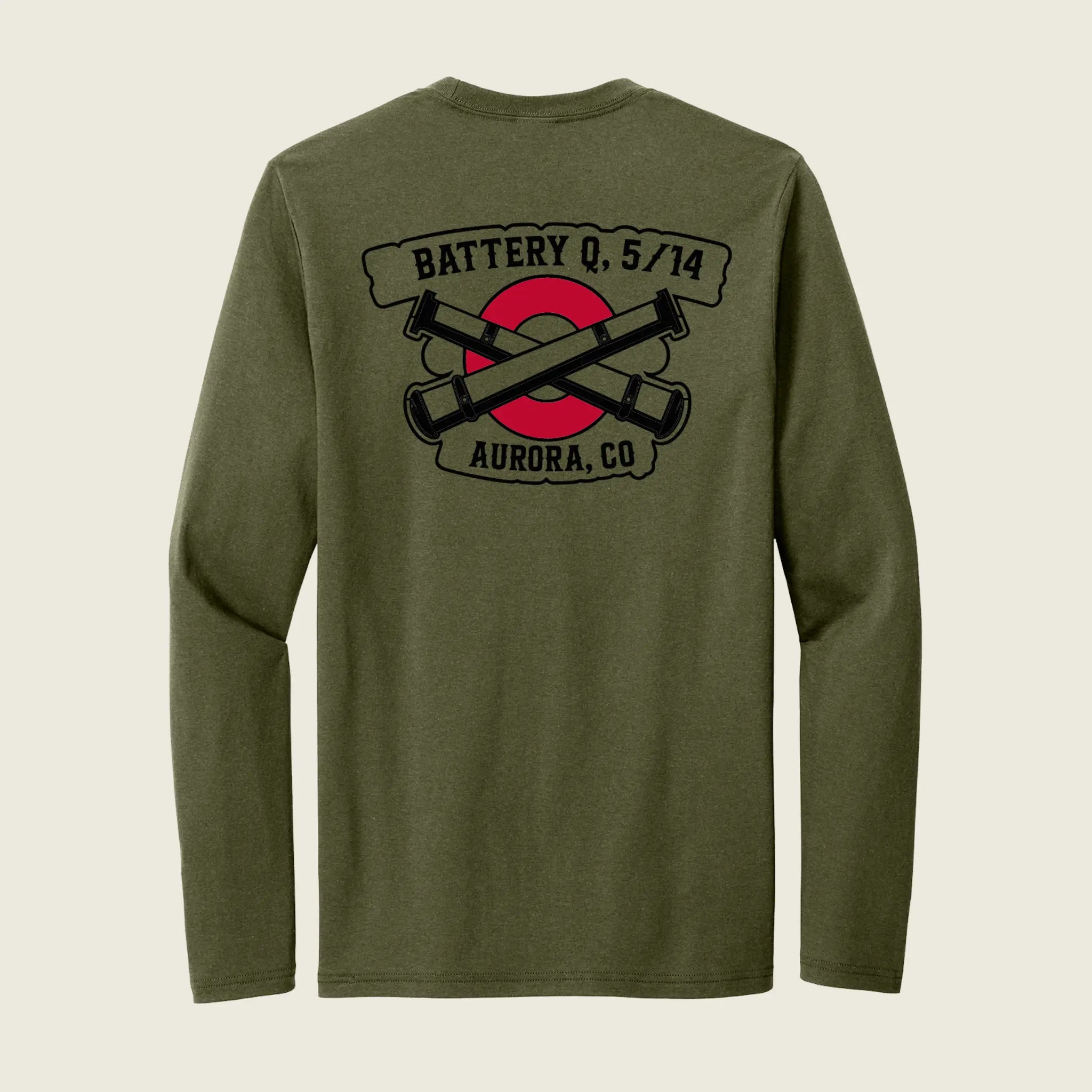 An olive green long-sleeve t-shirt shown from the back, featuring a black and red graphic print with crossed cannons and banners reading 'BATTERY Q, 5/14' and 'AURORA, CO'.