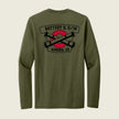 An olive green long-sleeve t-shirt shown from the back, featuring a black and red graphic print with crossed cannons and banners reading 'BATTERY Q, 5/14' and 'AURORA, CO'.
