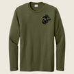 Green long-sleeve shirt with a logo on the chest against a beige background