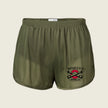 Olive green athletic shorts with an elastic waistband and a black, red, and white 'Battery Q 5/14 Aurora, CO' graphic on the lower left leg, shown against a light beige background.