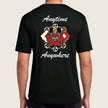 A man wearing a black short-sleeve t-shirt, viewed from the back. The shirt features a large graphic print in the center with a red demon face, soccer balls, and the words 'Anytime Anywhere' in white script.
