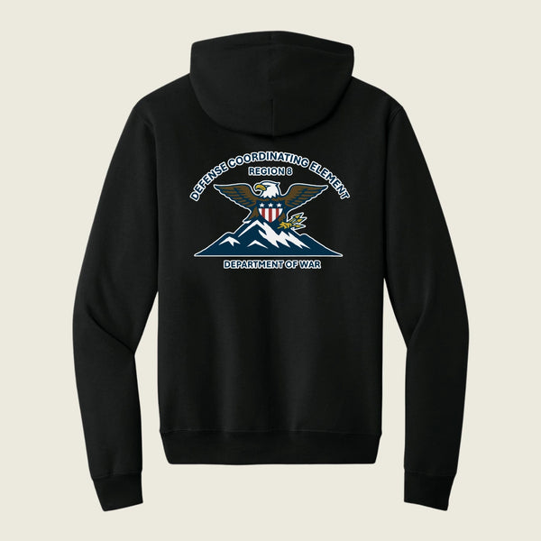 A black pullover hoodie shown from the back, featuring a large graphic print of an eagle over mountains with the text 'DEFENSE COORDINATING ELEMENT REGION 6 DEPARTMENT OF WAR' in white and blue.