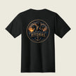 A black short-sleeve t-shirt shown from the back, featuring a large circular graphic print of three sea serpents rising from water at sunset with the word 'HYDRAS' and the phrase 'Strength Multiplied' below.