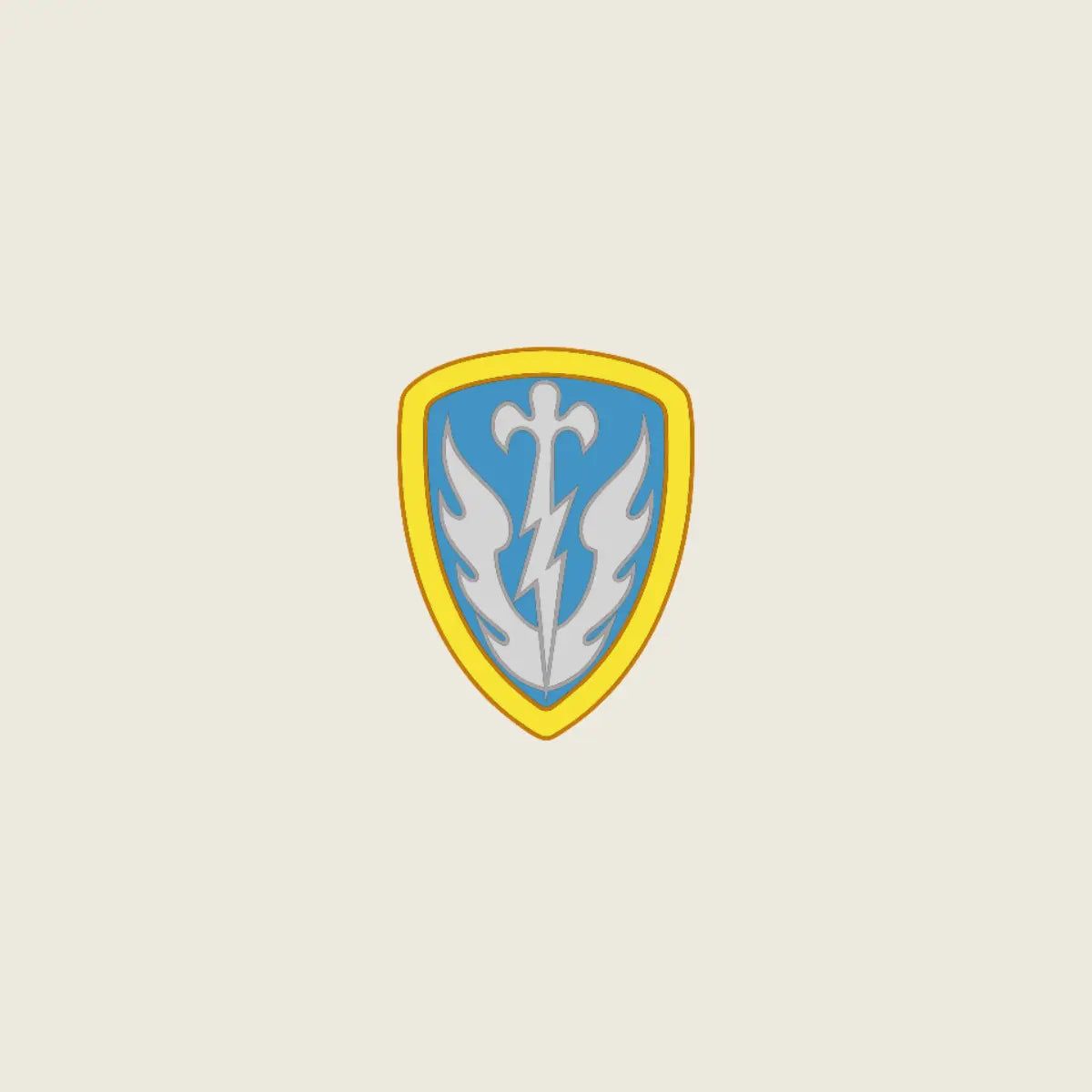 A shield-shaped emblem with a yellow border, light blue center, and a white stylized bird or flame motif, centered on a plain light beige background.