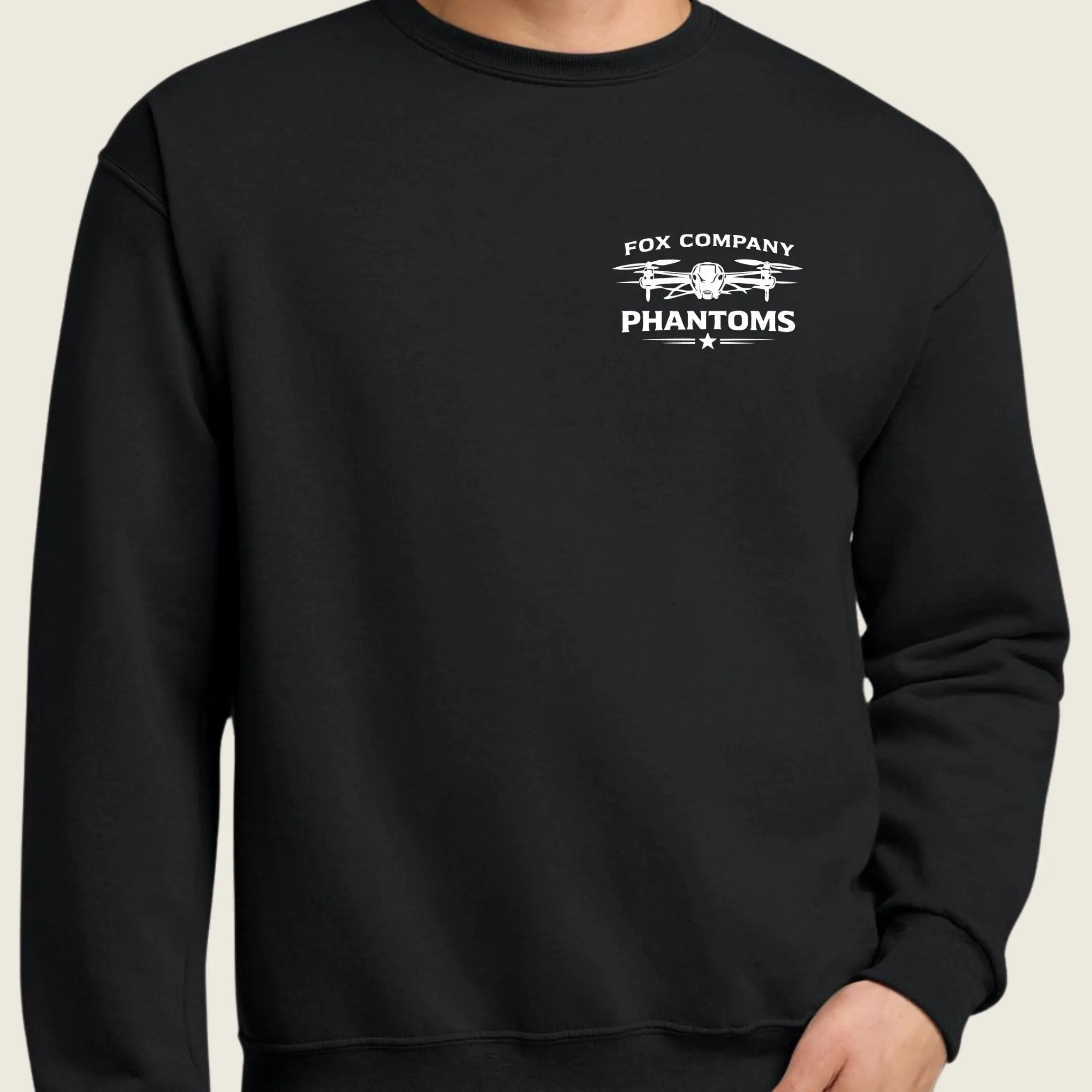 black long sleeve crewneck with logo on front pocket