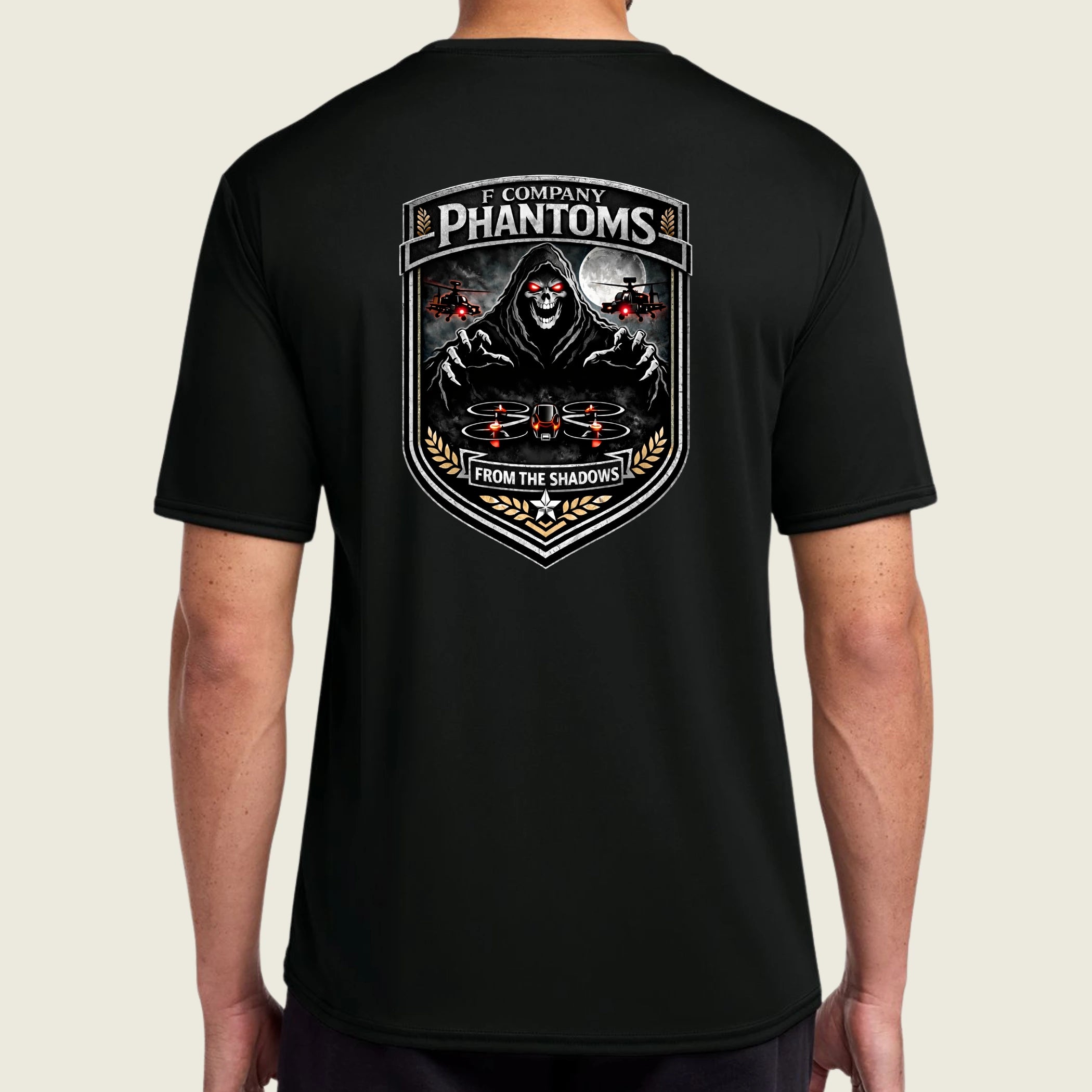 black dri fit shirt with logo printed on back