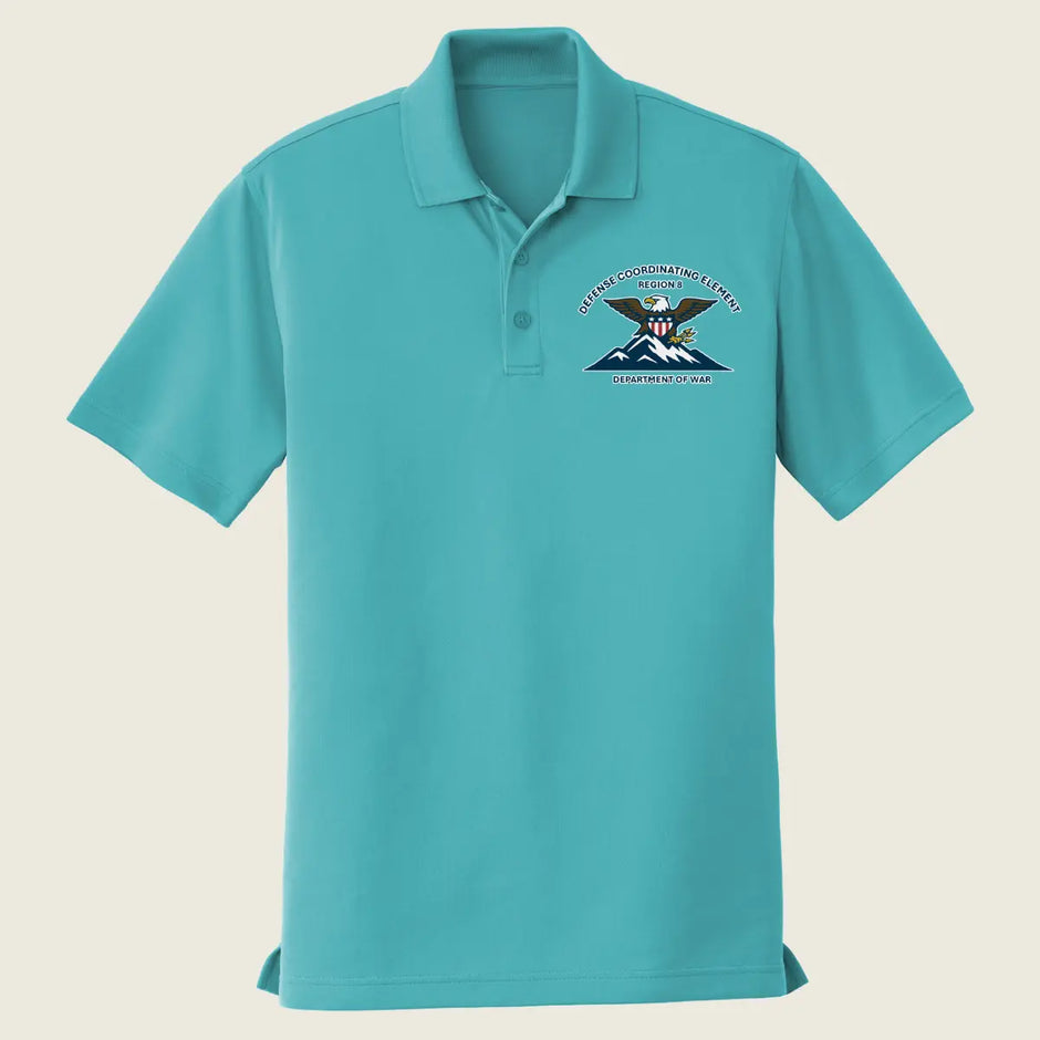 A turquoise short-sleeve polo shirt with a two-button placket and  logo on the left chest, displayed on a solid light beige background.