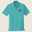 A turquoise short-sleeve polo shirt with a two-button placket and  logo on the left chest, displayed on a solid light beige background.