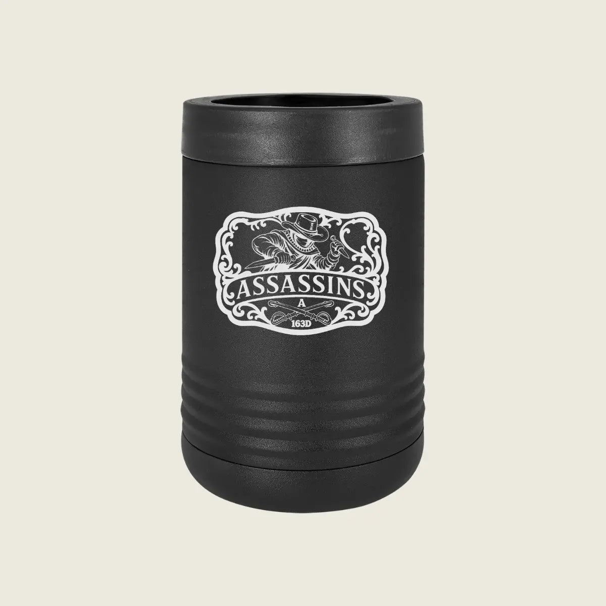 A matte black insulated can cooler with a matching lid, featuring a white graphic of a Viking holding a sword and the text 'ASSASSINS' on the front, set against a solid light beige background.