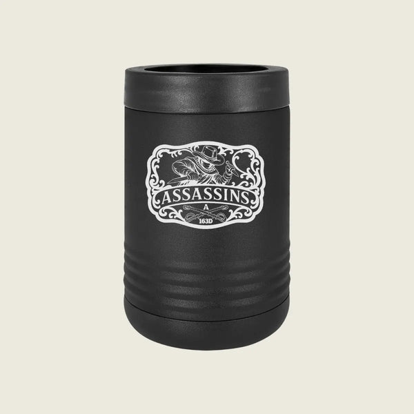 A matte black insulated can cooler with a matching lid, featuring a white graphic of a Viking holding a sword and the text 'ASSASSINS' on the front, set against a solid light beige background.