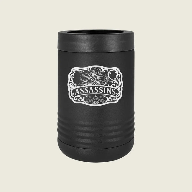 A matte black insulated can cooler with a matching lid, featuring a white graphic of a Viking holding a sword and the text 'ASSASSINS' on the front, set against a solid light beige background.
