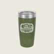 A green insulated travel tumbler with a clear lid and a white 'Assassins' graphic on the front, set against a solid light beige background.