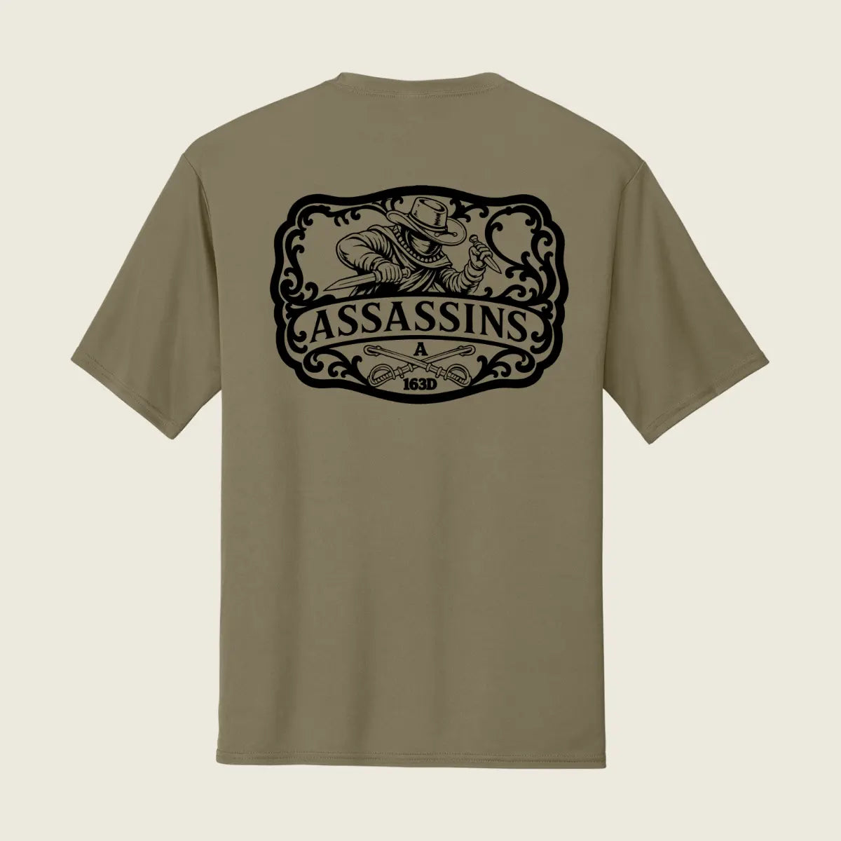 Assassins logo printed on the back of a coyote brown shirt 