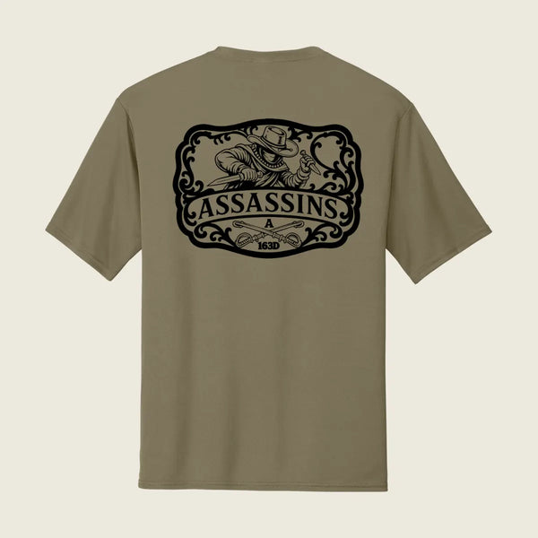 Assassins logo printed on the back of a coyote brown shirt 