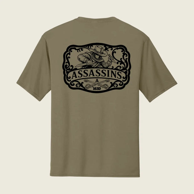 Assassins logo printed on the back of a coyote brown shirt 
