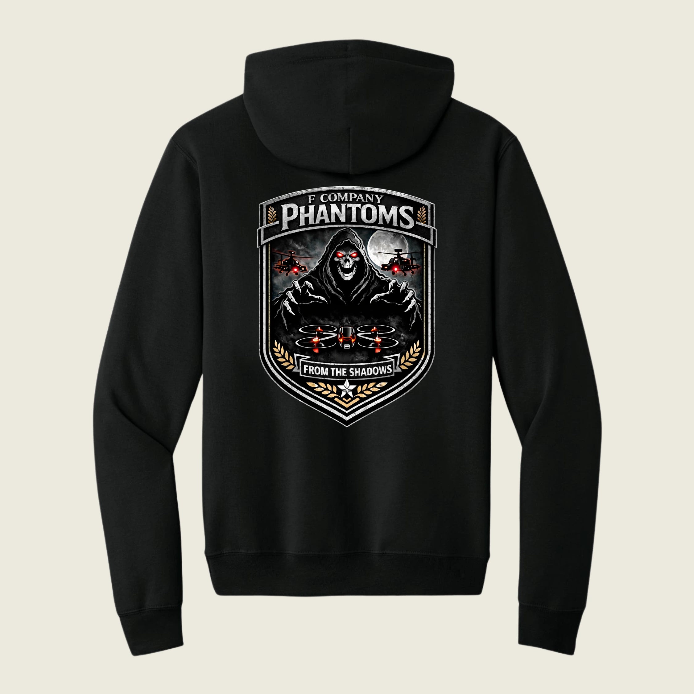 black hoodie with logo printed on back