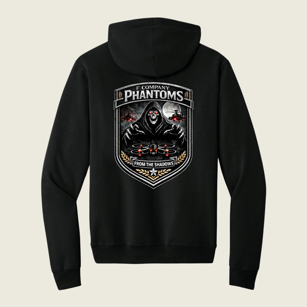 black hoodie with logo printed on back
