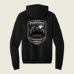 black hoodie with logo printed on back