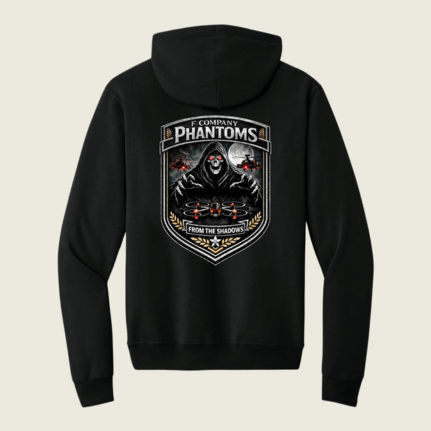 black hoodie with logo printed on back