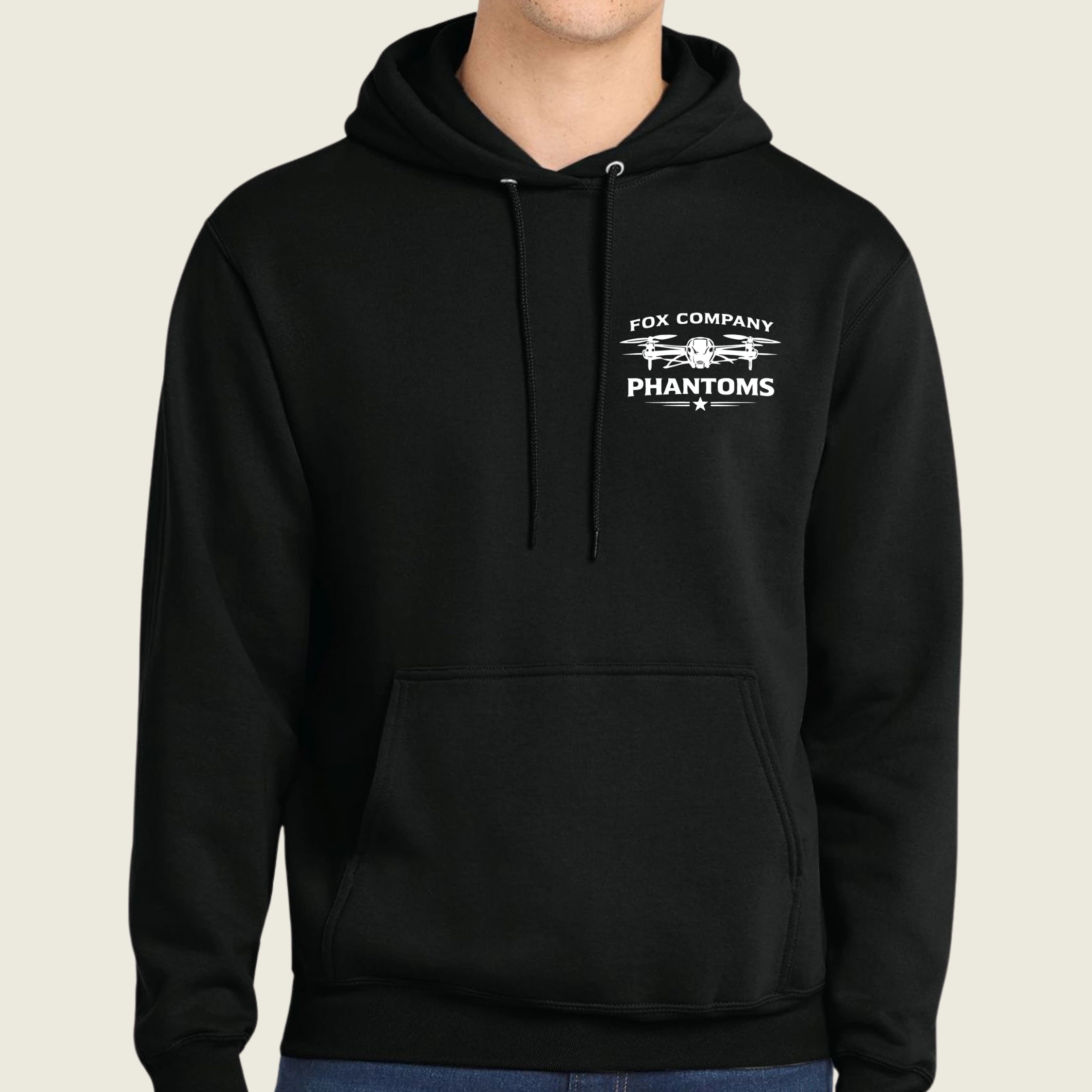 black hoodie with front pocket logo