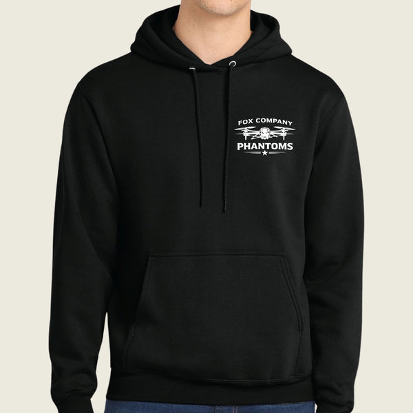 black hoodie with front pocket logo