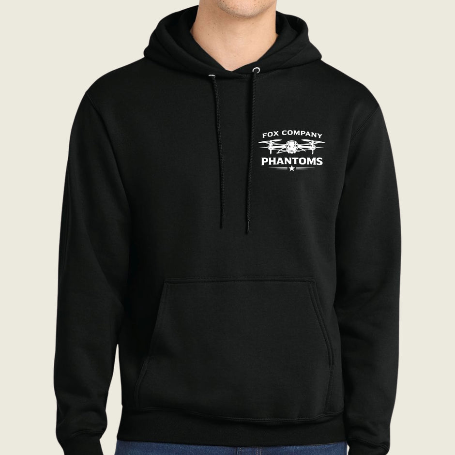 black hoodie with front pocket logo
