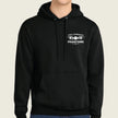 black hoodie with front pocket logo