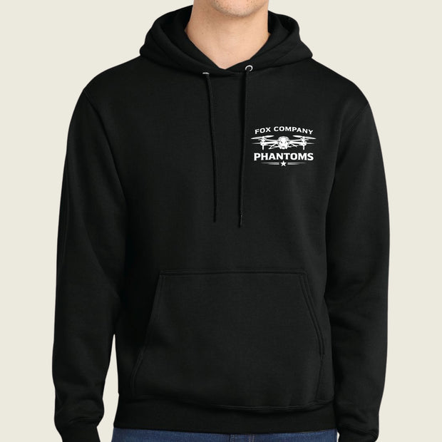 black hoodie with front pocket logo