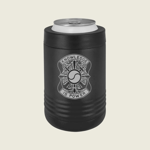 A black insulated can cooler sleeve with a silver aluminum can inserted, featuring a white fire department badge graphic with the text 'KNOWLEDGE IS POWER' on a light beige background.
