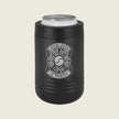 A black insulated can cooler sleeve with a silver aluminum can inserted, featuring a white fire department badge graphic with the text 'KNOWLEDGE IS POWER' on a light beige background.
