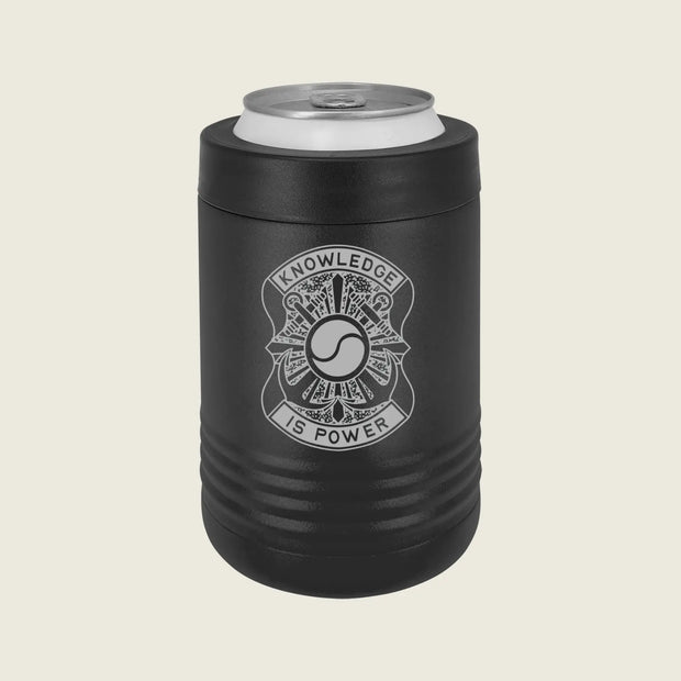 A black insulated can cooler sleeve with a silver aluminum can inserted, featuring a white fire department badge graphic with the text 'KNOWLEDGE IS POWER' on a light beige background.