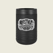 A matte black insulated can cooler with a lid, featuring a white graphic print of a hunting dog and the word 'ASSASSINS' on the front, set against a solid light beige background.