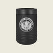 A matte black can cooler with a ribbed design and a white circular 'Bigfoot Detachment We Find You' emblem on the front, set against a solid light beige background.