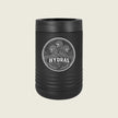 A matte black insulated can cooler with a matching lid, featuring a circular silver graphic of three lions and the brand name 'HYDRAS' on the front, set against a solid light beige background.