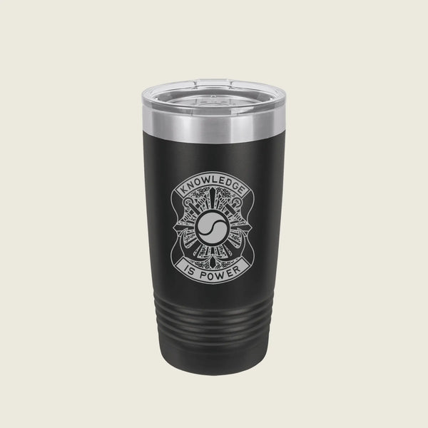 A black insulated travel tumbler with a clear lid, featuring a silver engraved emblem and the words 'KNOWLEDGE IS POWER' on the front, set against a solid light beige background.