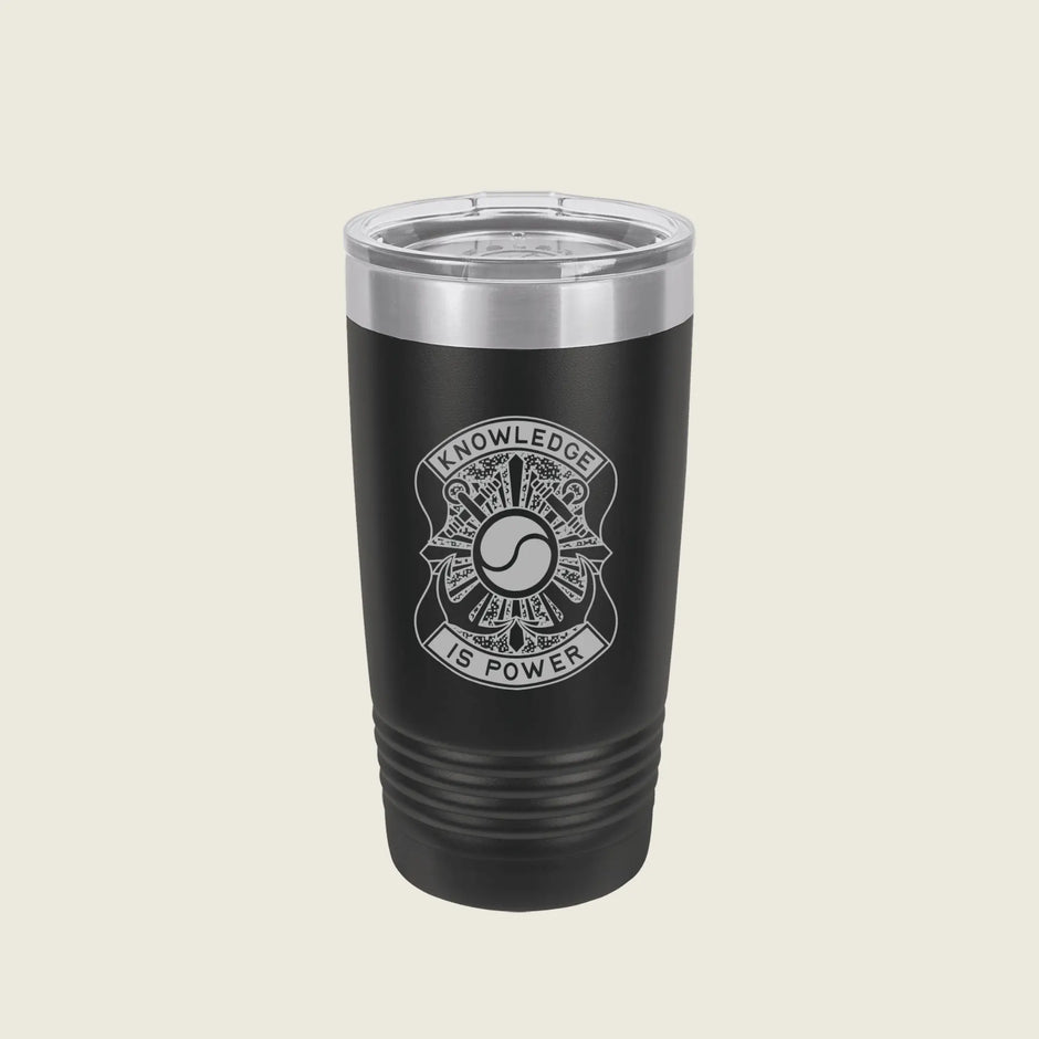A black insulated travel tumbler with a clear lid, featuring a silver engraved emblem and the words 'KNOWLEDGE IS POWER' on the front, set against a solid light beige background.