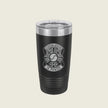 A black insulated travel tumbler with a clear lid, featuring a silver engraved emblem and the words 'KNOWLEDGE IS POWER' on the front, set against a solid light beige background.