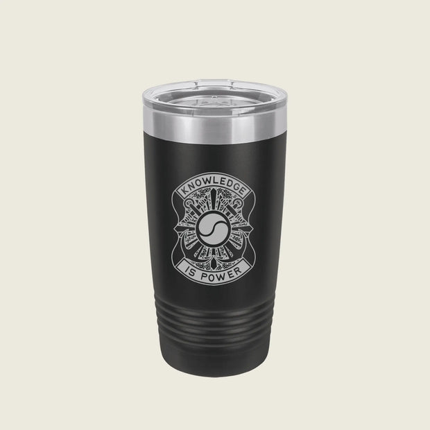 A black insulated travel tumbler with a clear lid, featuring a silver engraved emblem and the words 'KNOWLEDGE IS POWER' on the front, set against a solid light beige background.