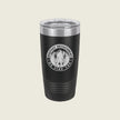 A black insulated travel tumbler with a clear lid, featuring a circular white graphic that reads 'BIG FOOT DETACHMENT WE FIND YOU' around an illustration of a person in a forest.