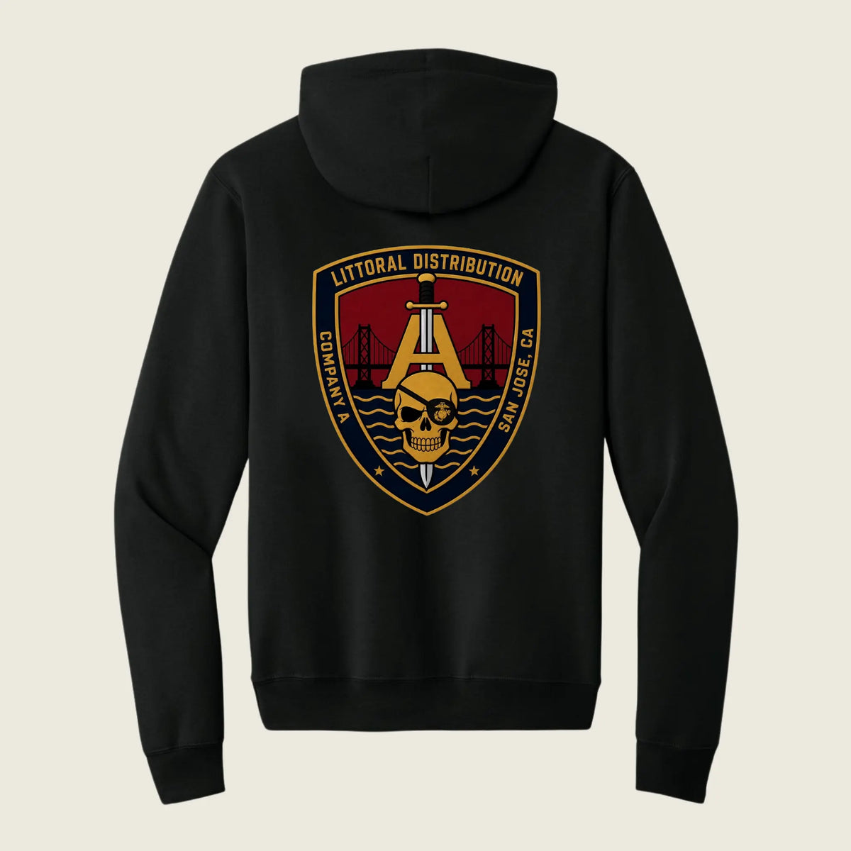 black cotton hoodie with company logo printed on back 