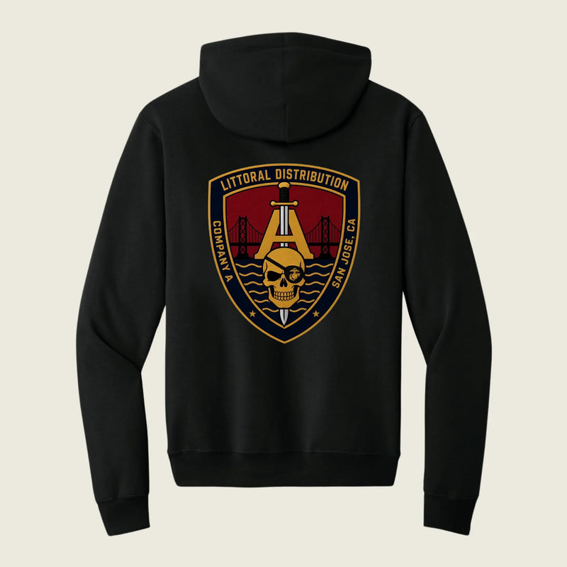 black cotton hoodie with company logo printed on back 