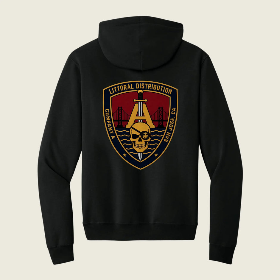 black cotton hoodie with company logo printed on back 