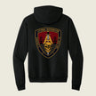 black cotton hoodie with company logo printed on back 