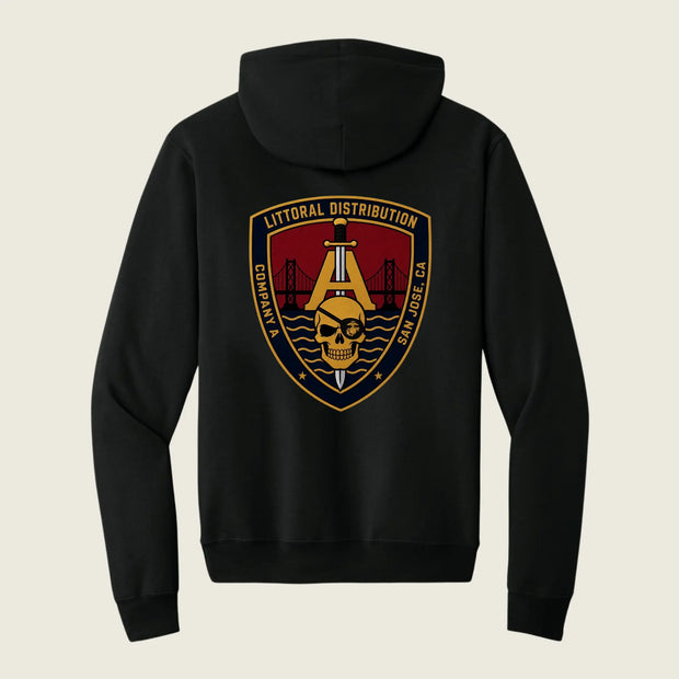 black cotton hoodie with company logo printed on back 