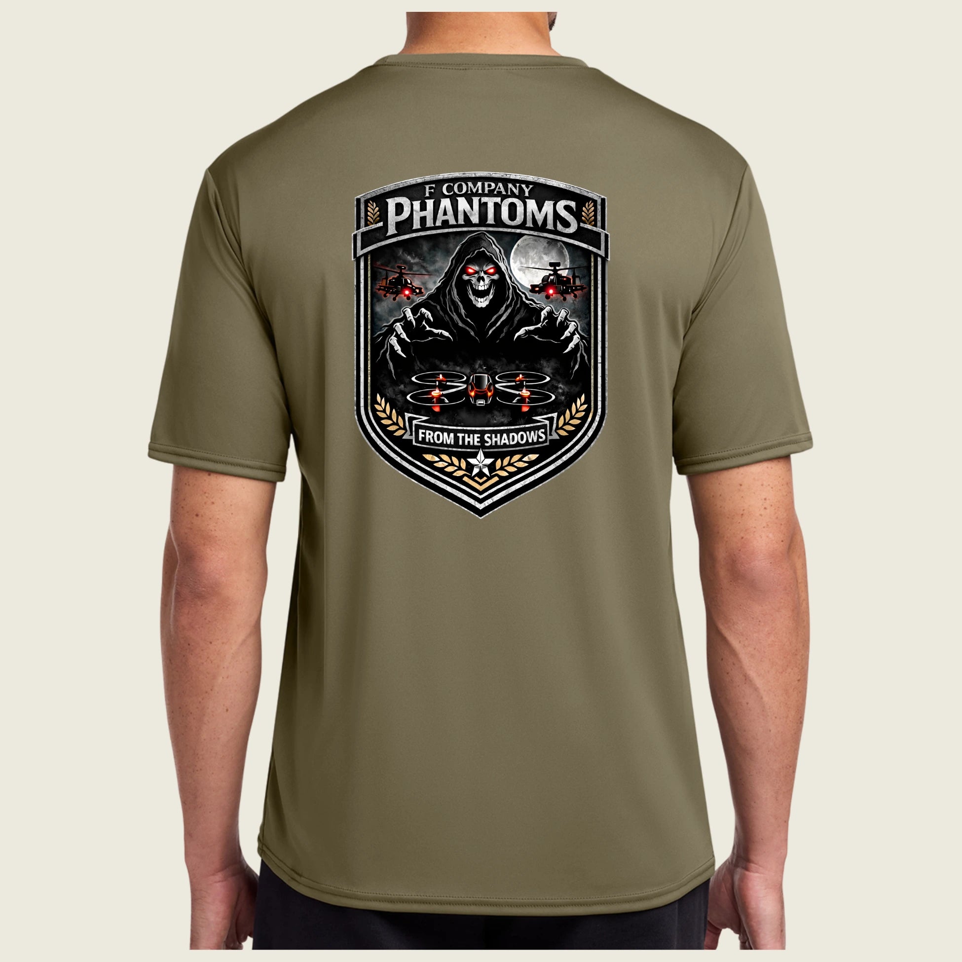coyote brown dri fit shirt with logo on back