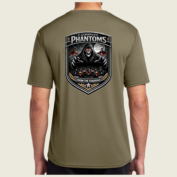 coyote brown dri fit shirt with logo on back