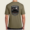 coyote brown dri fit shirt with logo on back