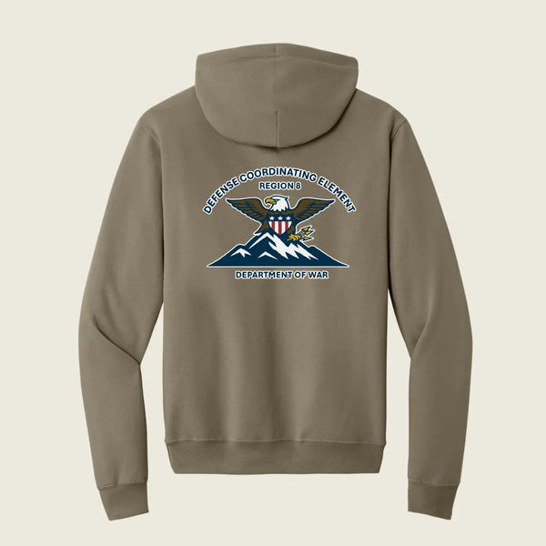 A taupe brown pullover hoodie shown from the back, featuring a large Department of War Regional 1 graphic printed on the center back.