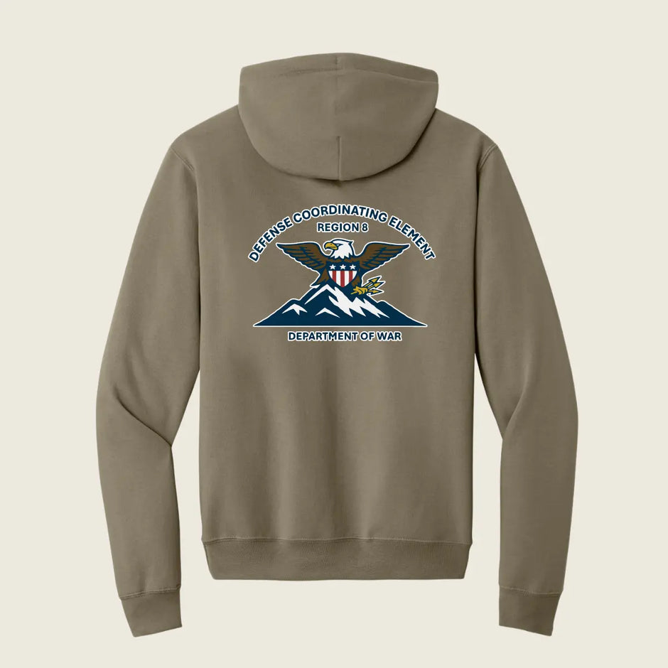 A taupe brown pullover hoodie shown from the back, featuring a large Department of War Regional 1 graphic printed on the center back.