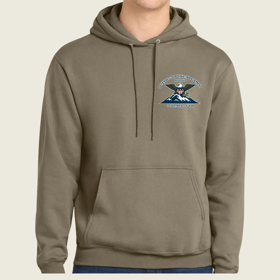 A person wearing a muted olive-brown pullover hoodie with a drawstring hood and kangaroo pocket, featuring a small embroidered United States Army Special Forces crest on the left chest, against a plain light beige background.